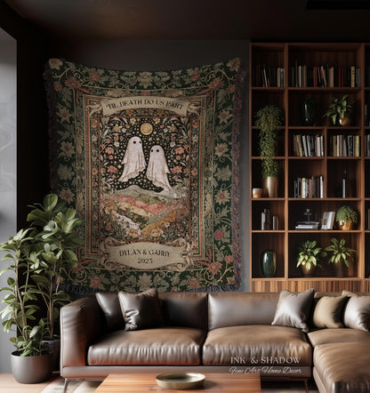Til Death Do Us Part Ghost Couple Woven Tapestry Wall Art Personalized Wedding Gift | Celestial Whimsy Wildflower Magic Anniversary Keepsake