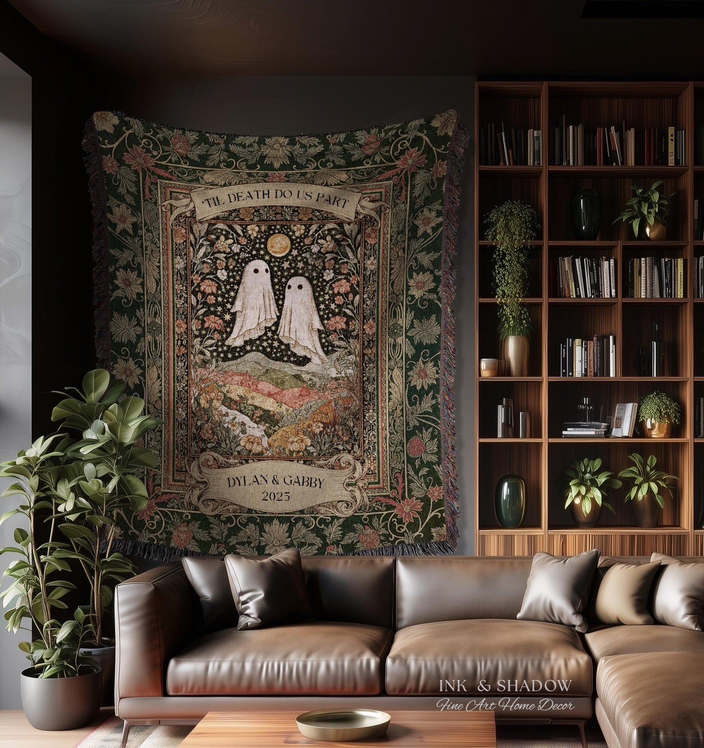 Til Death Do Us Part Ghost Couple Woven Tapestry Wall Art Personalized Wedding Gift | Celestial Whimsy Wildflower Magic Anniversary Keepsake