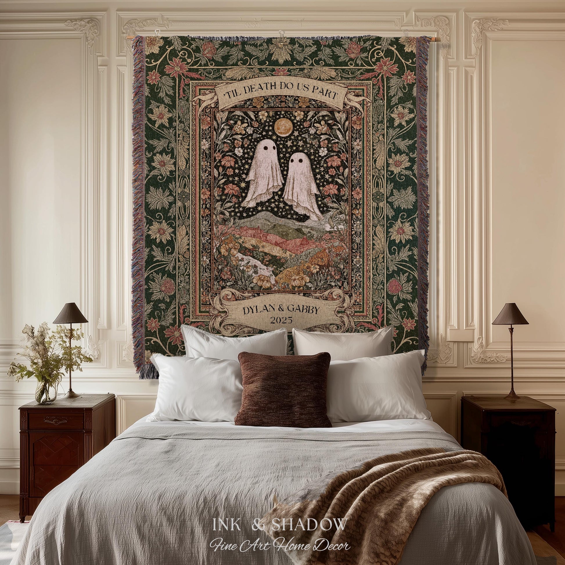 Til Death Do Us Part Ghost Couple Woven Tapestry Wall Art Personalized Wedding Gift | Celestial Whimsy Wildflower Magic Anniversary Keepsake