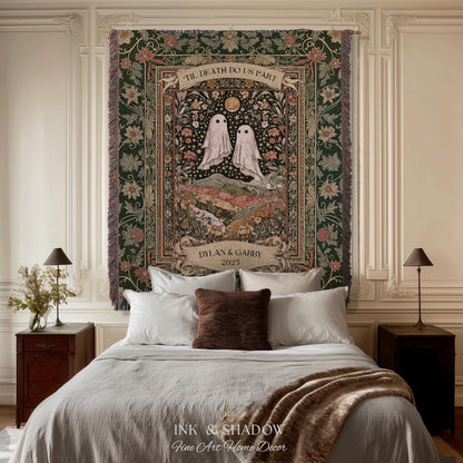Til Death Do Us Part Ghost Couple Woven Tapestry Wall Art Personalized Wedding Gift | Celestial Whimsy Wildflower Magic Anniversary Keepsake