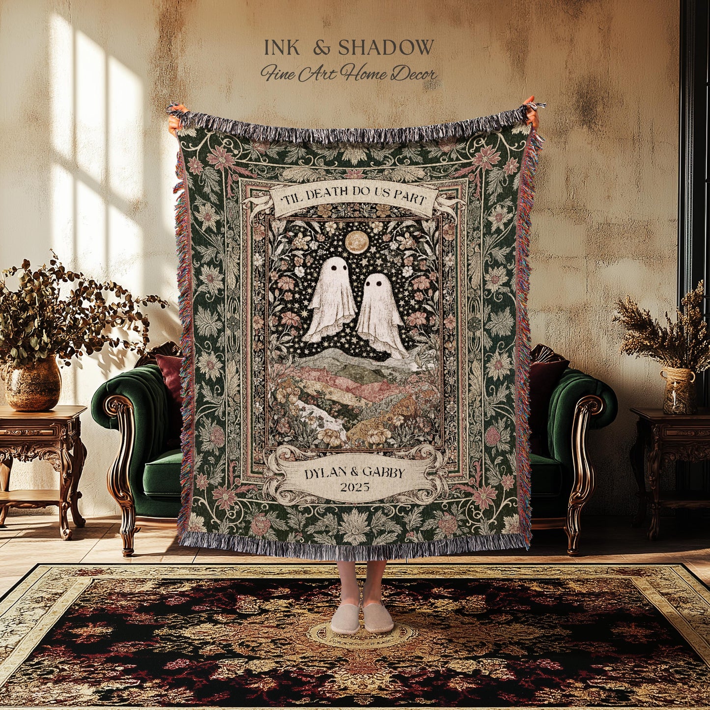 Til Death Do Us Part Ghost Couple Woven Tapestry Wall Art Personalized Wedding Gift | Celestial Whimsy Wildflower Magic Anniversary Keepsake