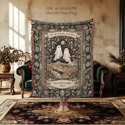 Til Death Do Us Part Ghost Couple Woven Tapestry Wall Art Personalized Wedding Gift | Celestial Whimsy Wildflower Magic Anniversary Keepsake