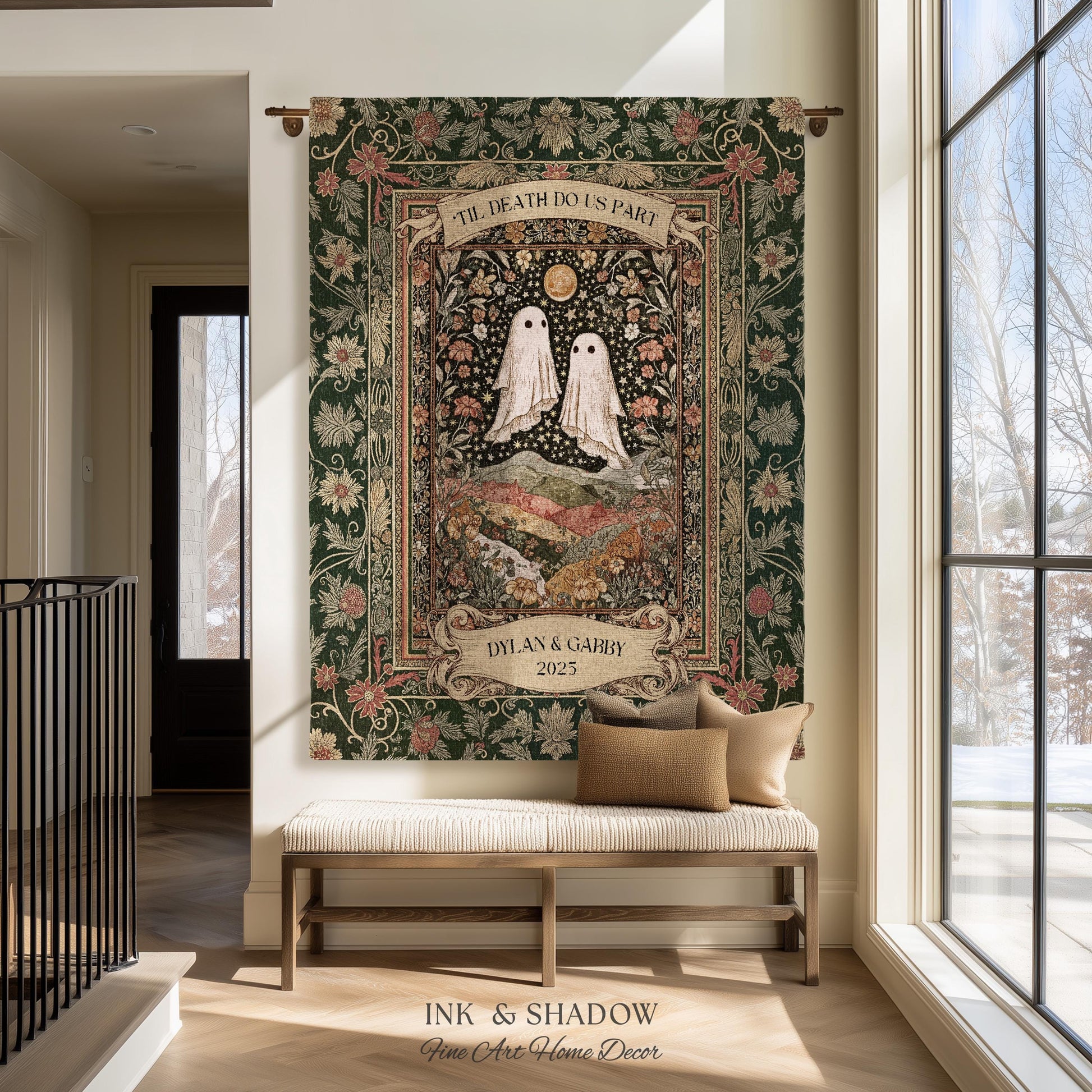 Til Death Do Us Part Ghost Couple Woven Tapestry Wall Art Personalized Wedding Gift | Celestial Whimsy Wildflower Magic Anniversary Keepsake