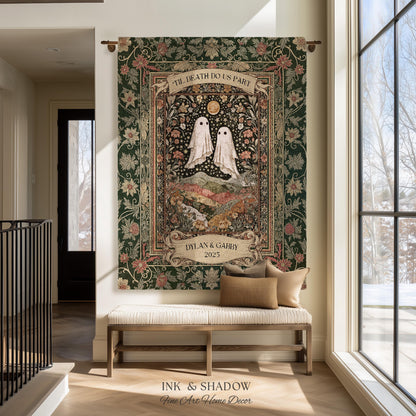 Til Death Do Us Part Ghost Couple Woven Tapestry Wall Art Personalized Wedding Gift | Celestial Whimsy Wildflower Magic Anniversary Keepsake