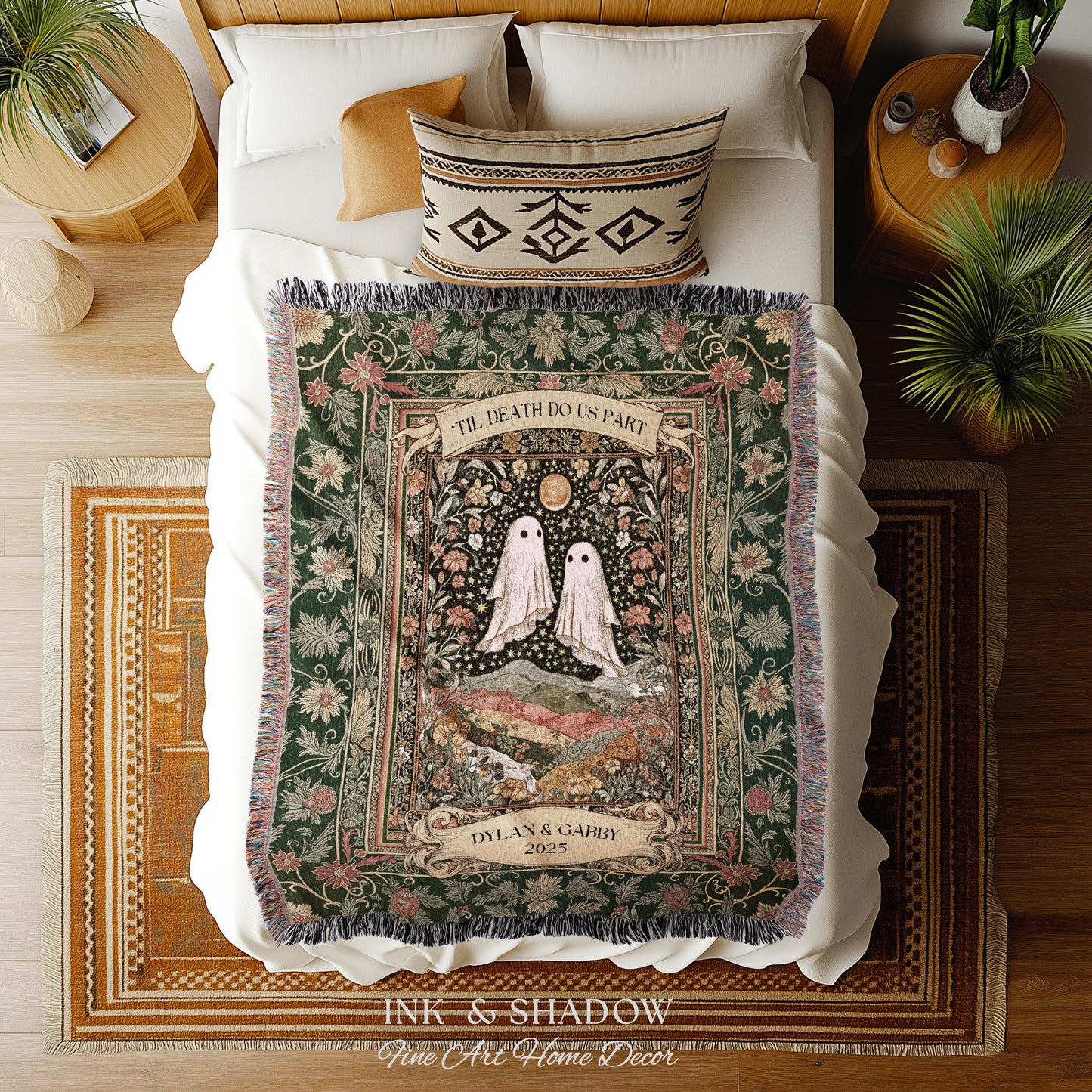 Til Death Do Us Part Ghost Couple Woven Tapestry Wall Art Personalized Wedding Gift | Celestial Whimsy Wildflower Magic Anniversary Keepsake