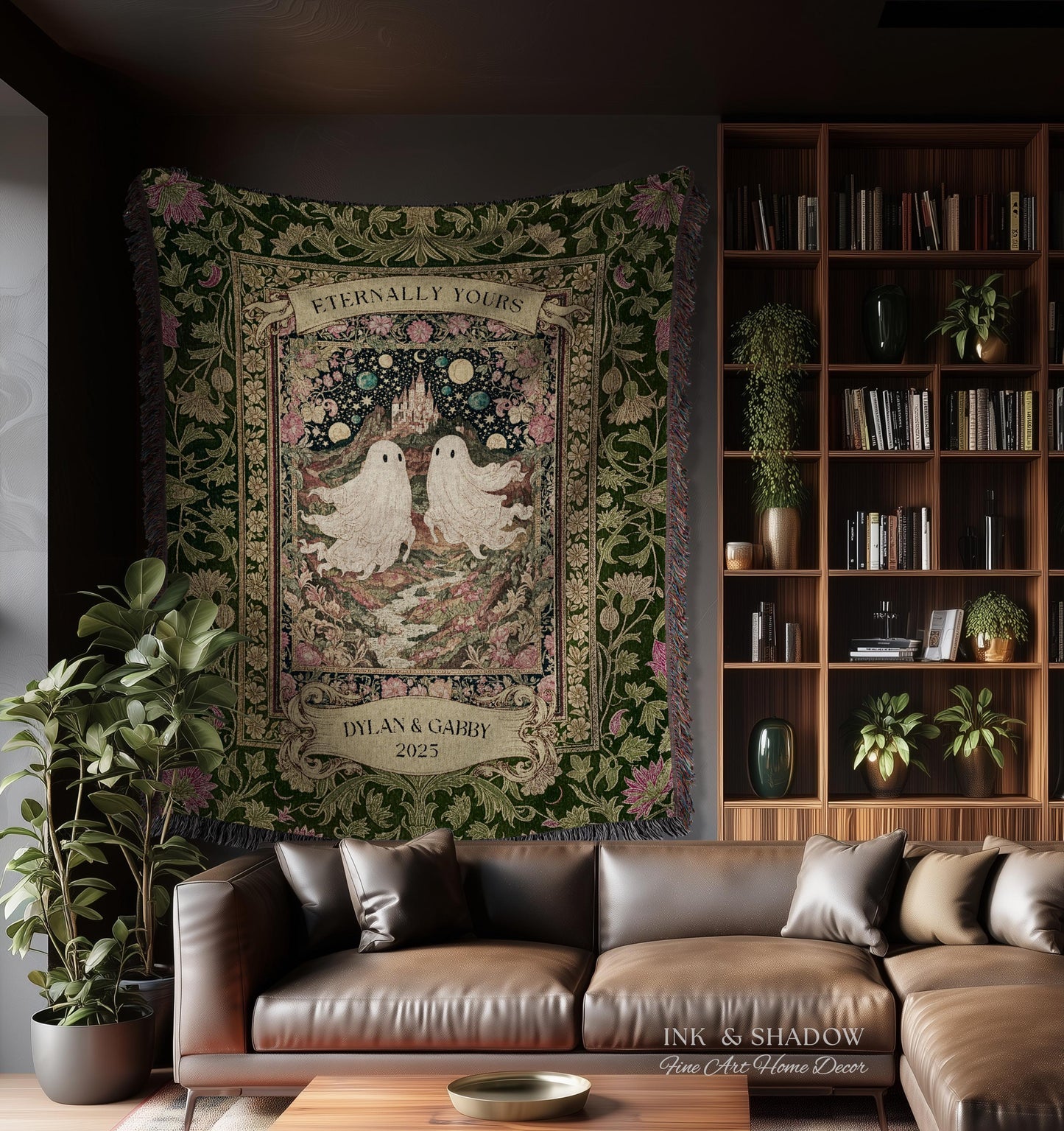 Whimsical Ghost Soulmates Custom Couple Tapestry Woven Wall Art Wedding Gift | Romantic Castlecore Eternally Yours Personalized Anniversary