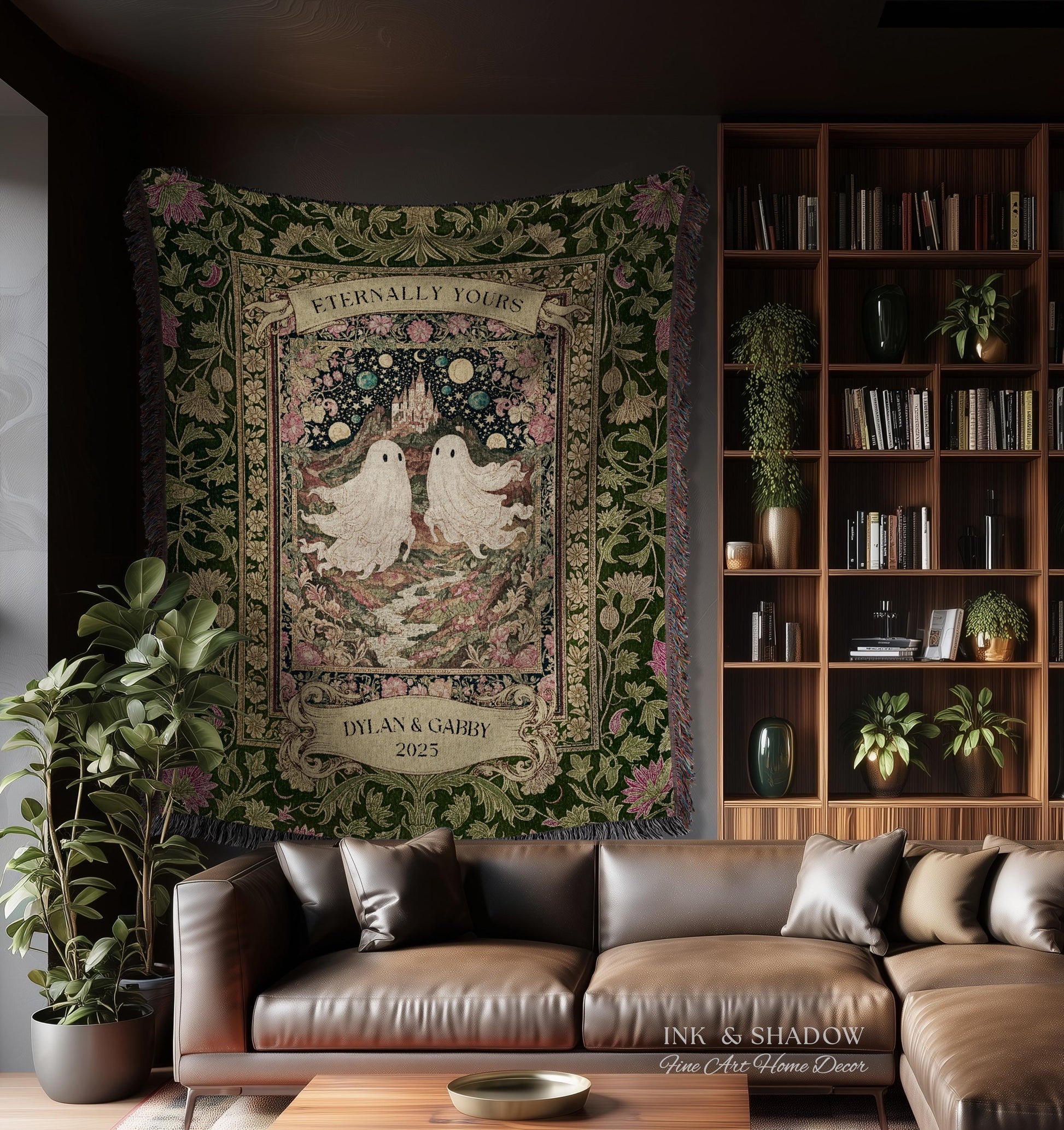 Whimsical Ghost Soulmates Custom Couple Tapestry Woven Wall Art Wedding Gift | Romantic Castlecore Eternally Yours Personalized Anniversary