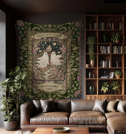 Whimsical Ghost Soulmates Custom Couple Tapestry Woven Wall Art Wedding Gift | Romantic Castlecore Eternally Yours Personalized Anniversary