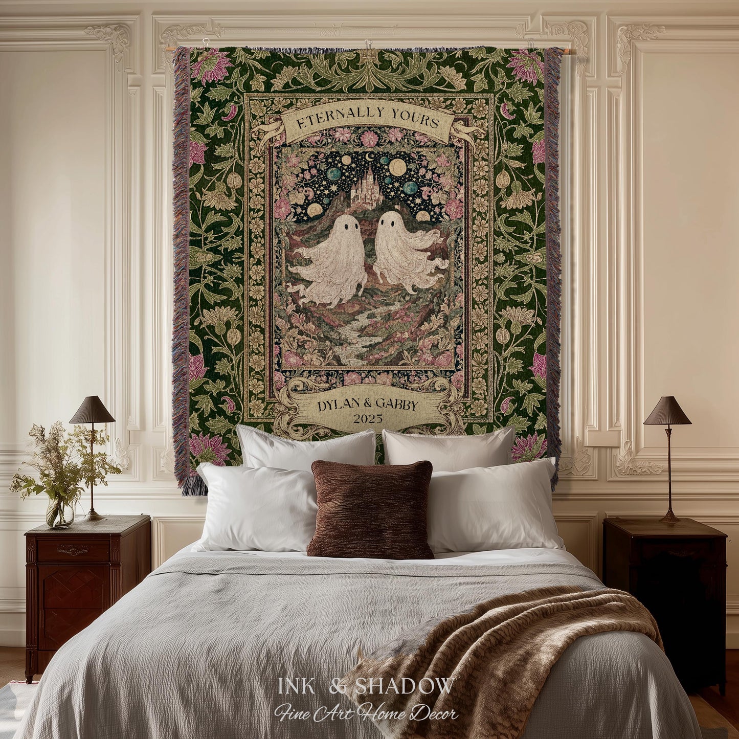 Whimsical Ghost Soulmates Custom Couple Tapestry Woven Wall Art Wedding Gift | Romantic Castlecore Eternally Yours Personalized Anniversary