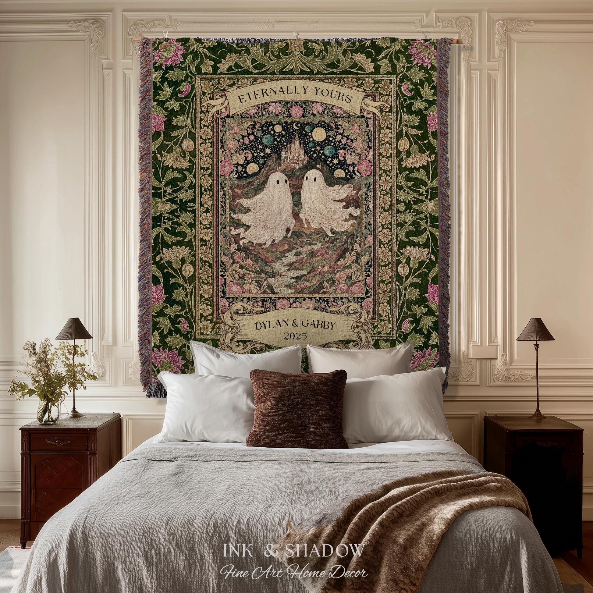Whimsical Ghost Soulmates Custom Couple Tapestry Woven Wall Art Wedding Gift | Romantic Castlecore Eternally Yours Personalized Anniversary