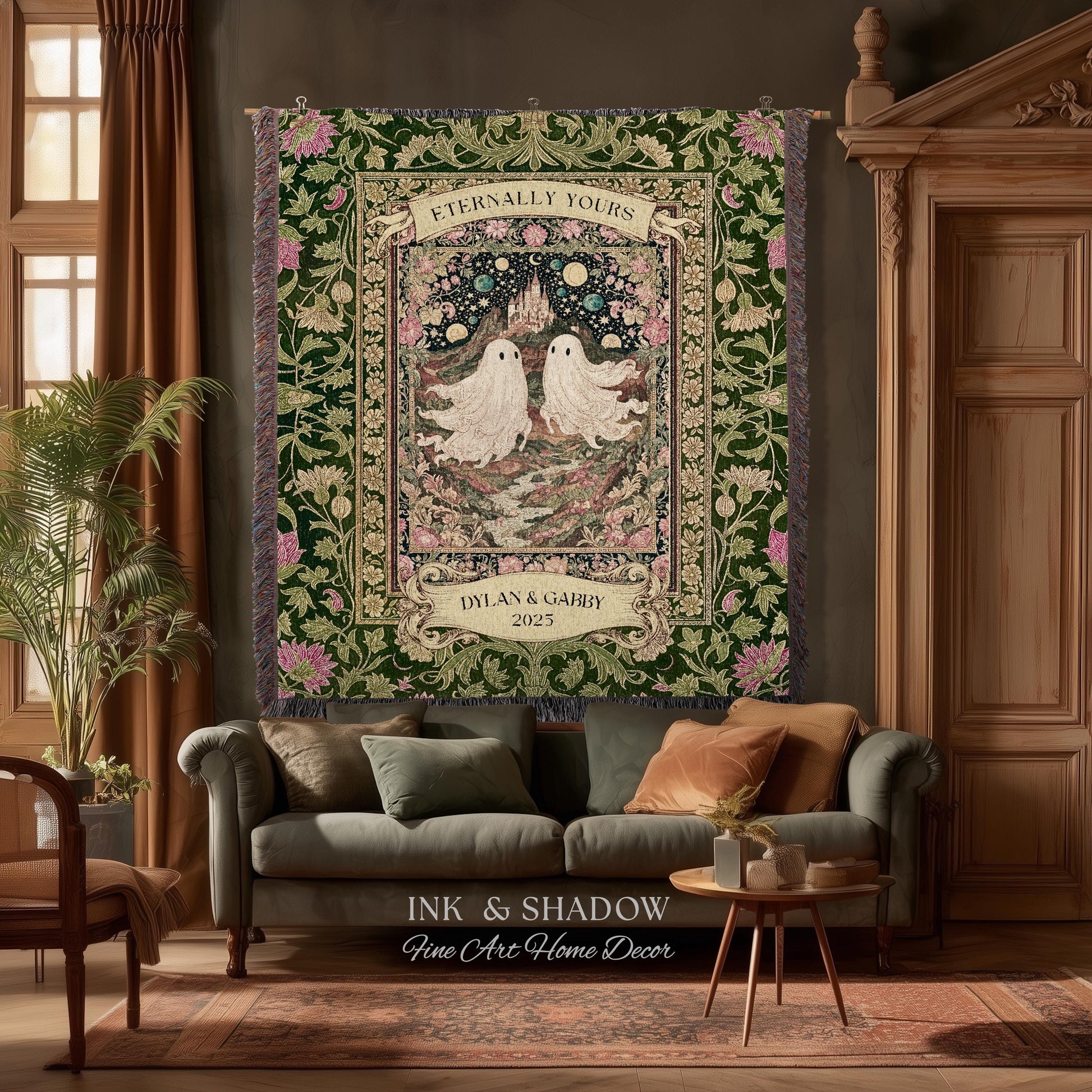 Whimsical Ghost Soulmates Custom Couple Tapestry Woven Wall Art Wedding Gift | Romantic Castlecore Eternally Yours Personalized Anniversary