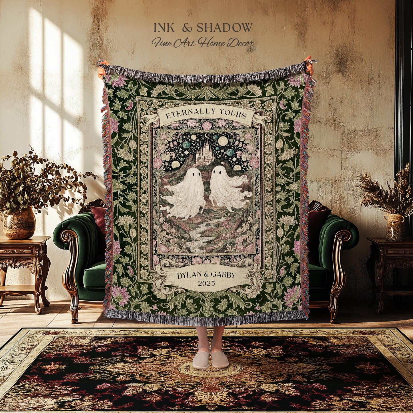 Whimsical Ghost Soulmates Custom Couple Tapestry Woven Wall Art Wedding Gift | Romantic Castlecore Eternally Yours Personalized Anniversary