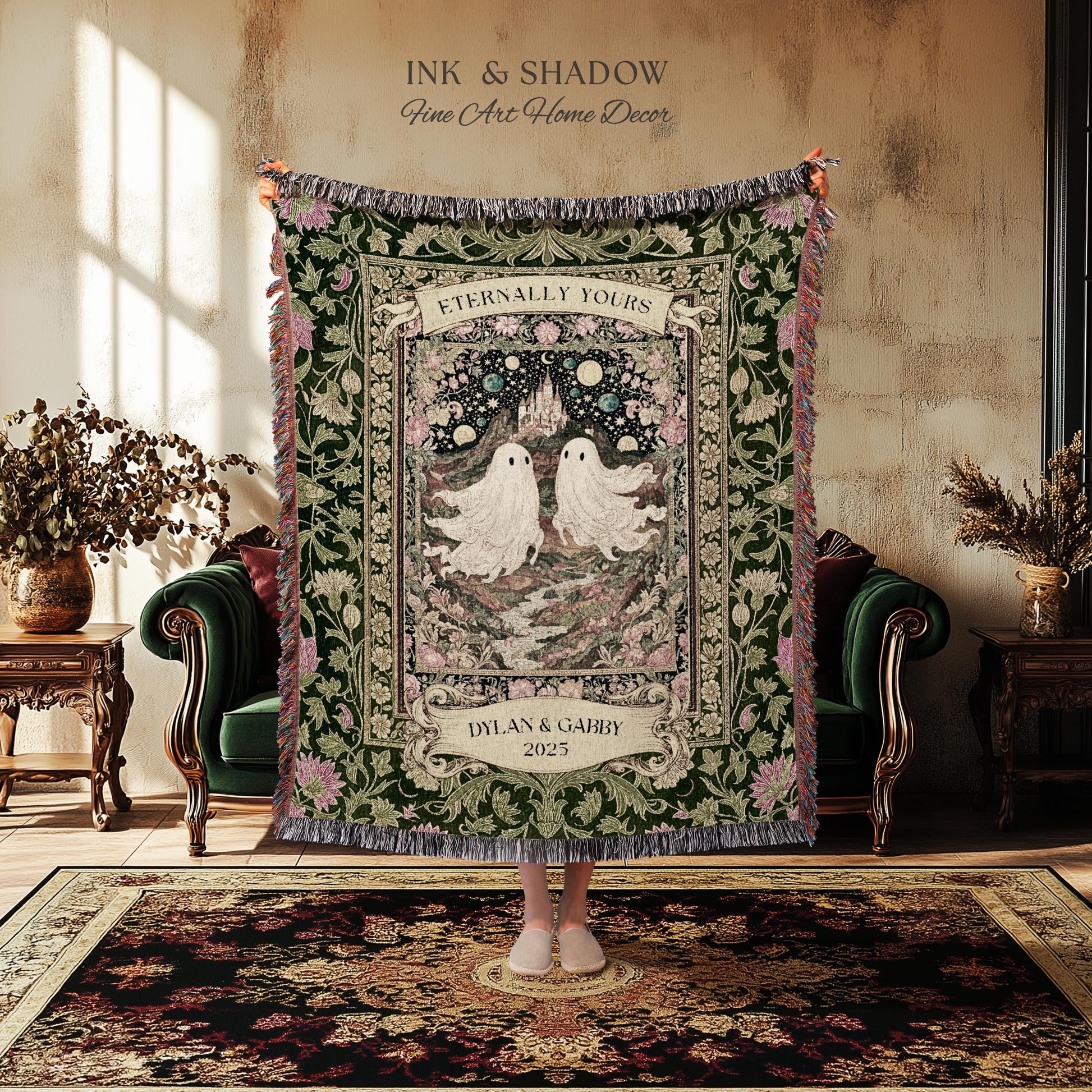 Whimsical Ghost Soulmates Custom Couple Tapestry Woven Wall Art Wedding Gift | Romantic Castlecore Eternally Yours Personalized Anniversary