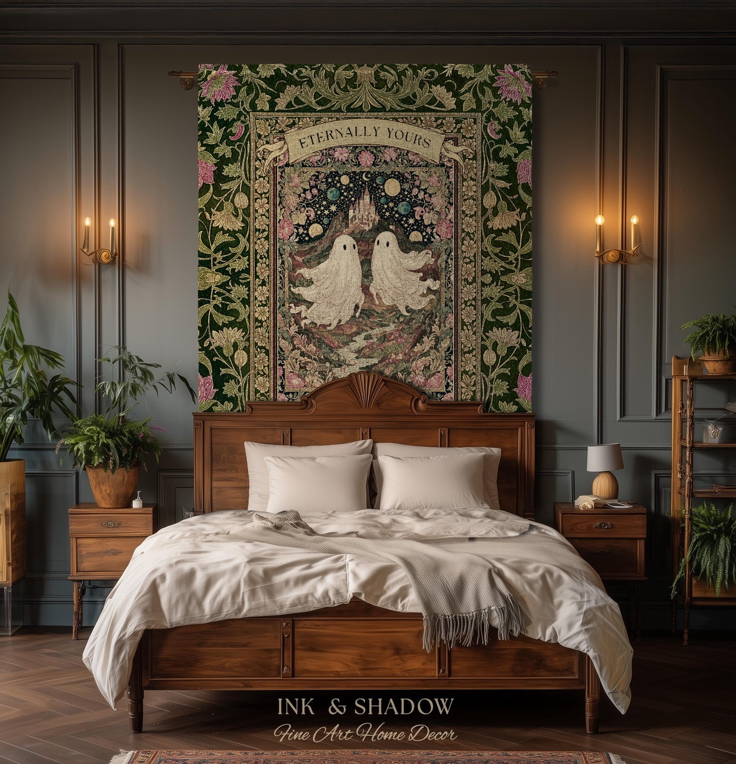 Whimsical Ghost Soulmates Custom Couple Tapestry Woven Wall Art Wedding Gift | Romantic Castlecore Eternally Yours Personalized Anniversary