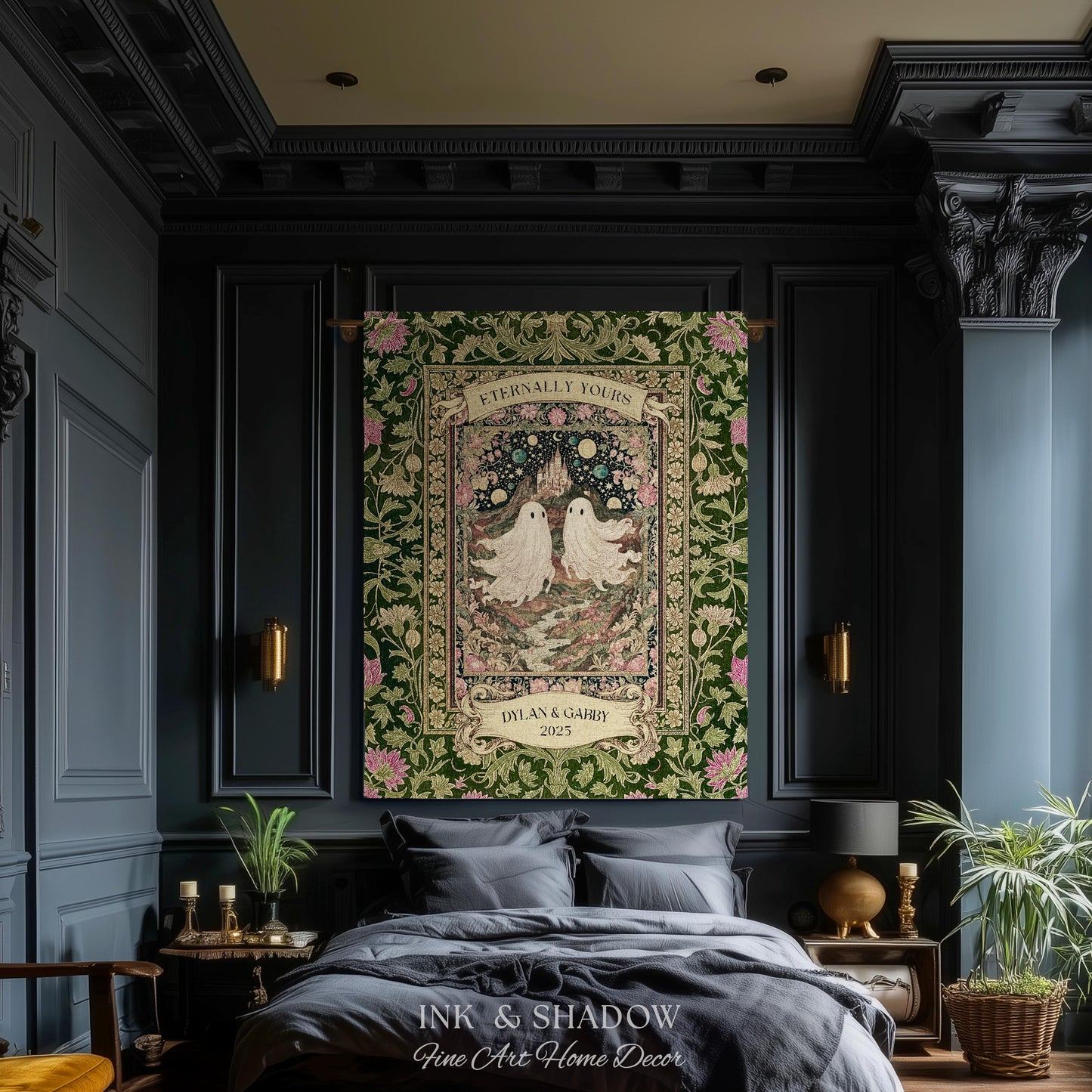 Whimsical Ghost Soulmates Custom Couple Tapestry Woven Wall Art Wedding Gift | Romantic Castlecore Eternally Yours Personalized Anniversary