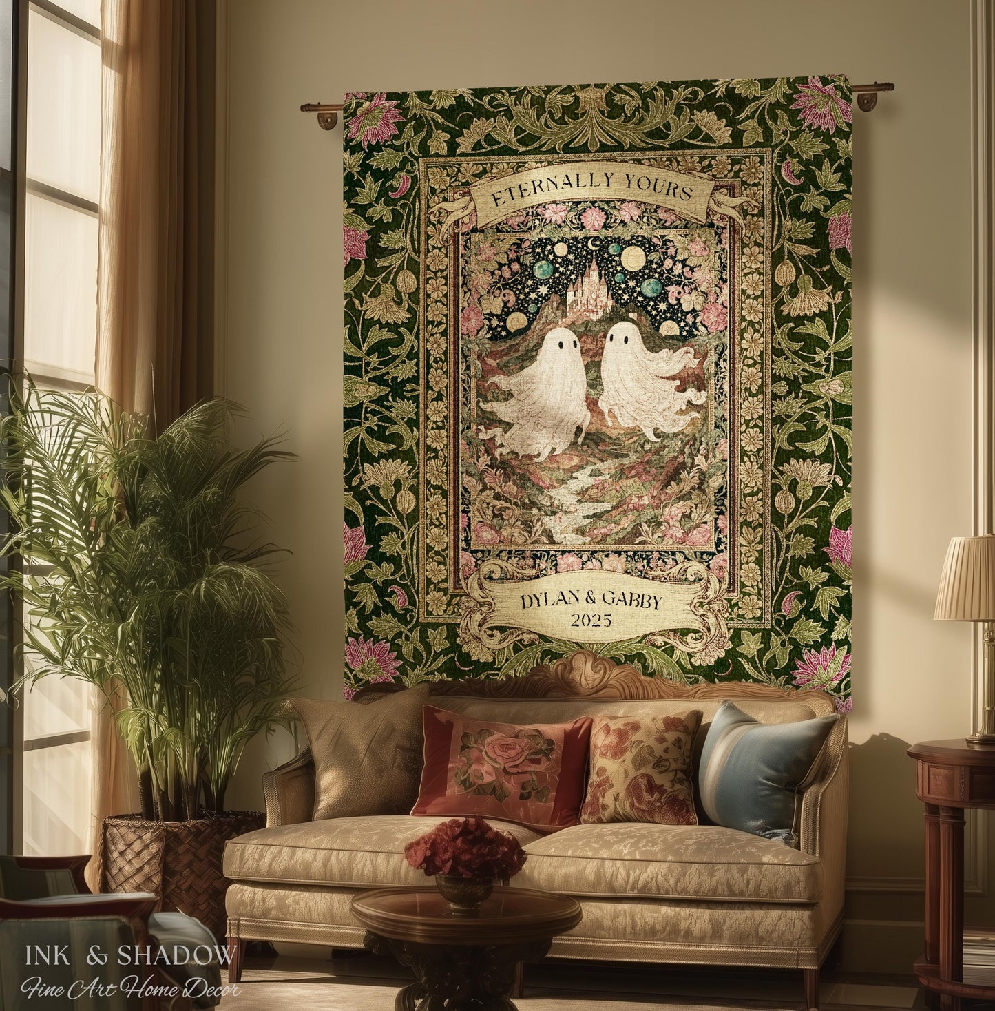 Whimsical Ghost Soulmates Custom Couple Tapestry Woven Wall Art Wedding Gift | Romantic Castlecore Eternally Yours Personalized Anniversary