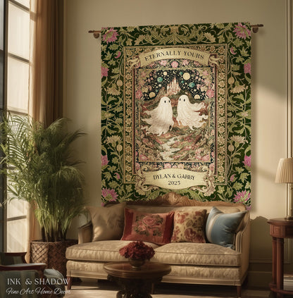 Whimsical Ghost Soulmates Custom Couple Tapestry Woven Wall Art Wedding Gift | Romantic Castlecore Eternally Yours Personalized Anniversary