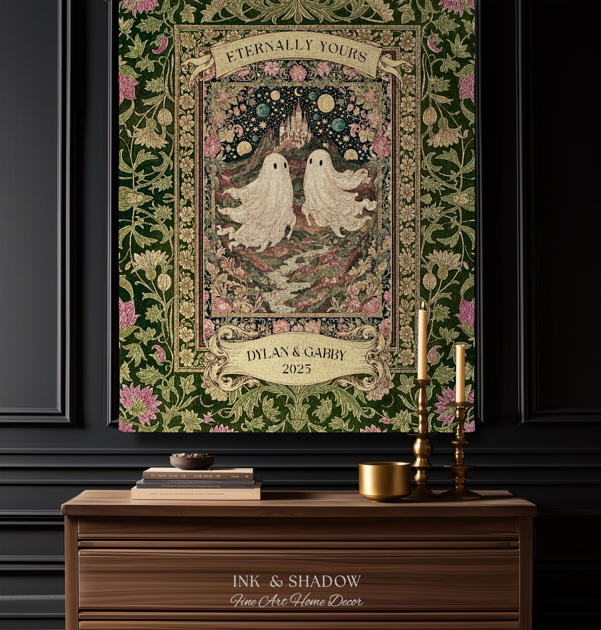 Whimsical Ghost Soulmates Custom Couple Tapestry Woven Wall Art Wedding Gift | Romantic Castlecore Eternally Yours Personalized Anniversary