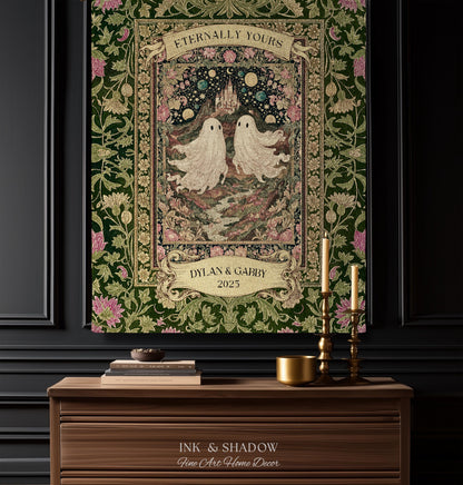 Whimsical Ghost Soulmates Custom Couple Tapestry Woven Wall Art Wedding Gift | Romantic Castlecore Eternally Yours Personalized Anniversary