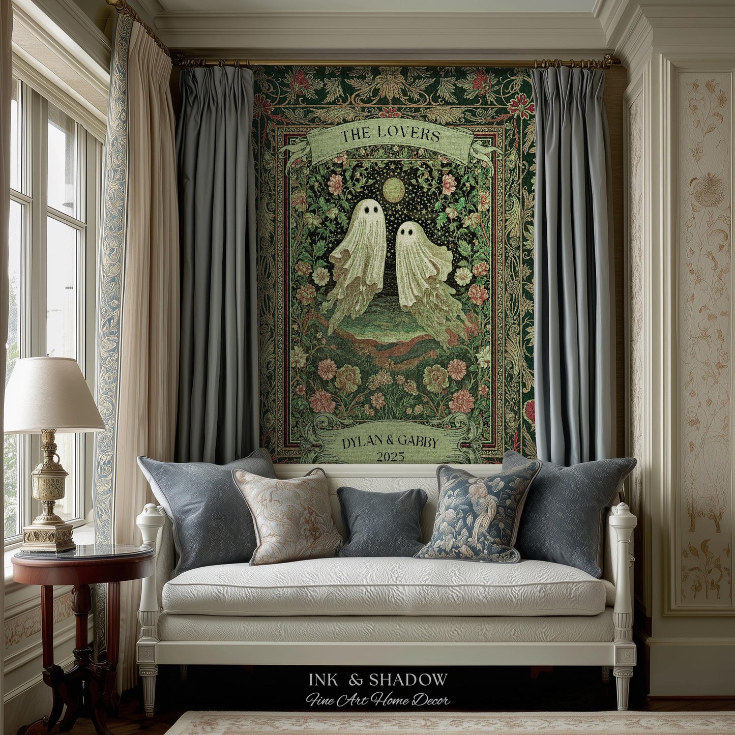 The Lovers Ghost Couple Floral Folklore Woven Throw Blanket Personalized Anniversary Keepsake, Enchanted Botanical Moonlit Cozy Cute Wedding