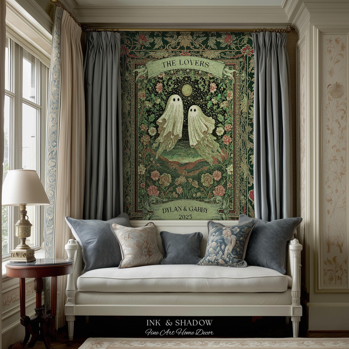The Lovers Ghost Couple Floral Folklore Woven Throw Blanket Personalized Anniversary Keepsake, Enchanted Botanical Moonlit Cozy Cute Wedding