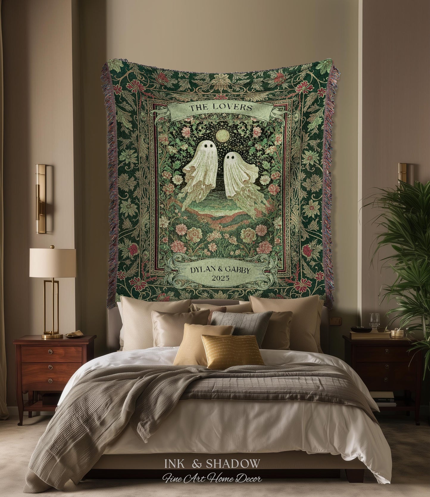 The Lovers Ghost Couple Floral Folklore Woven Throw Blanket Personalized Anniversary Keepsake, Enchanted Botanical Moonlit Cozy Cute Wedding