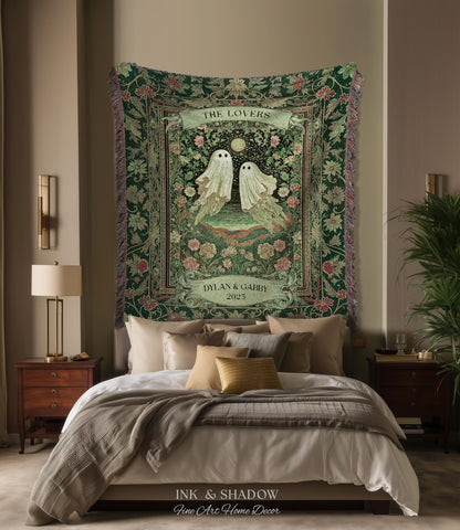 The Lovers Ghost Couple Floral Folklore Woven Throw Blanket Personalized Anniversary Keepsake, Enchanted Botanical Moonlit Cozy Cute Wedding