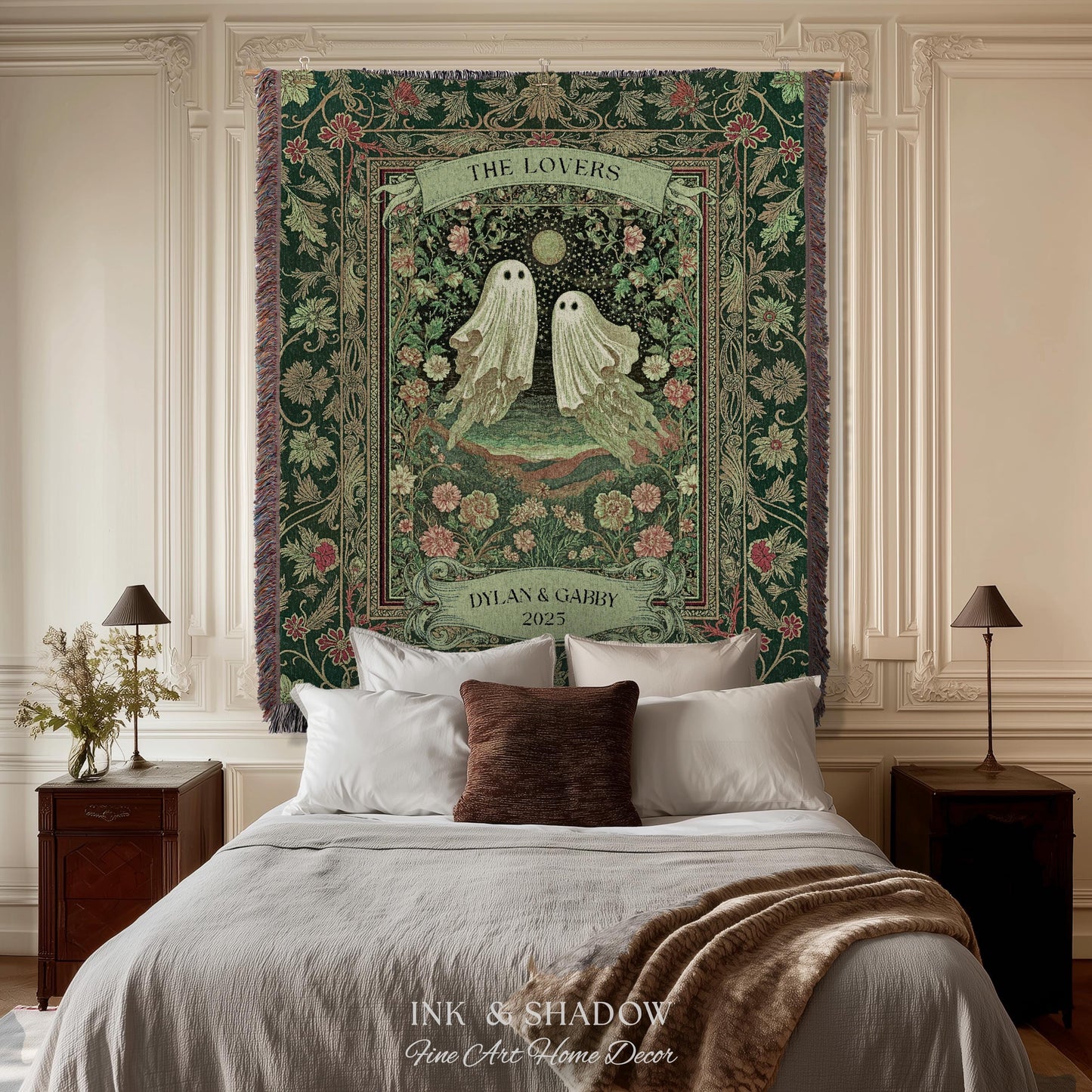 The Lovers Ghost Couple Floral Folklore Woven Throw Blanket Personalized Anniversary Keepsake, Enchanted Botanical Moonlit Cozy Cute Wedding