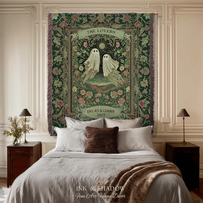 The Lovers Ghost Couple Floral Folklore Woven Throw Blanket Personalized Anniversary Keepsake, Enchanted Botanical Moonlit Cozy Cute Wedding