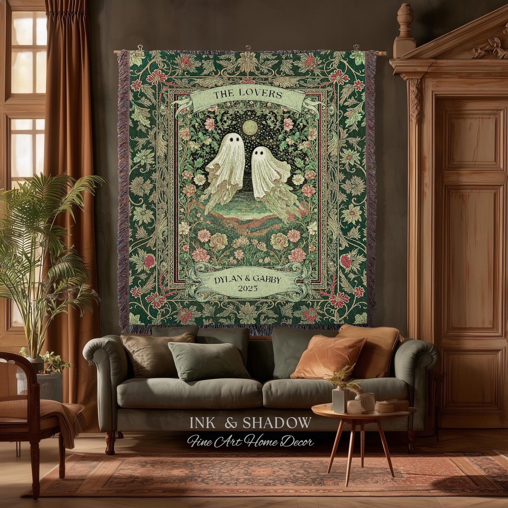 The Lovers Ghost Couple Floral Folklore Woven Throw Blanket Personalized Anniversary Keepsake, Enchanted Botanical Moonlit Cozy Cute Wedding