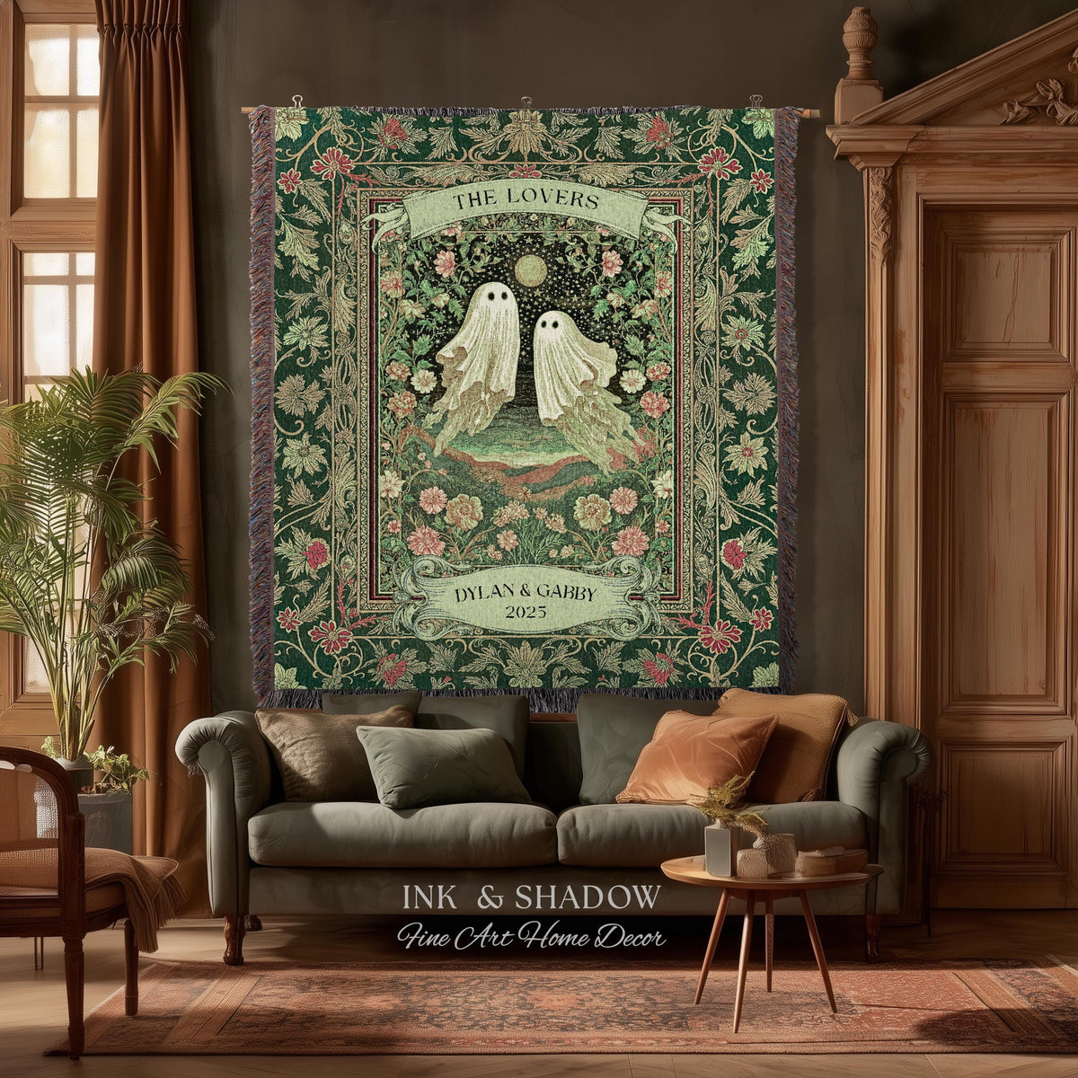 The Lovers Ghost Couple Floral Folklore Woven Throw Blanket Personalized Anniversary Keepsake, Enchanted Botanical Moonlit Cozy Cute Wedding