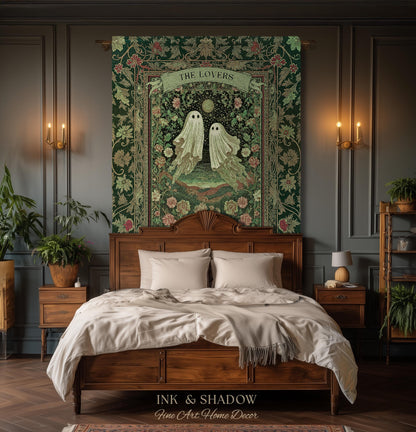 The Lovers Ghost Couple Floral Folklore Woven Throw Blanket Personalized Anniversary Keepsake, Enchanted Botanical Moonlit Cozy Cute Wedding
