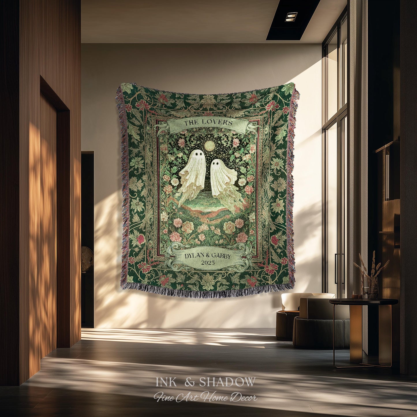 The Lovers Ghost Couple Floral Folklore Woven Throw Blanket Personalized Anniversary Keepsake, Enchanted Botanical Moonlit Cozy Cute Wedding