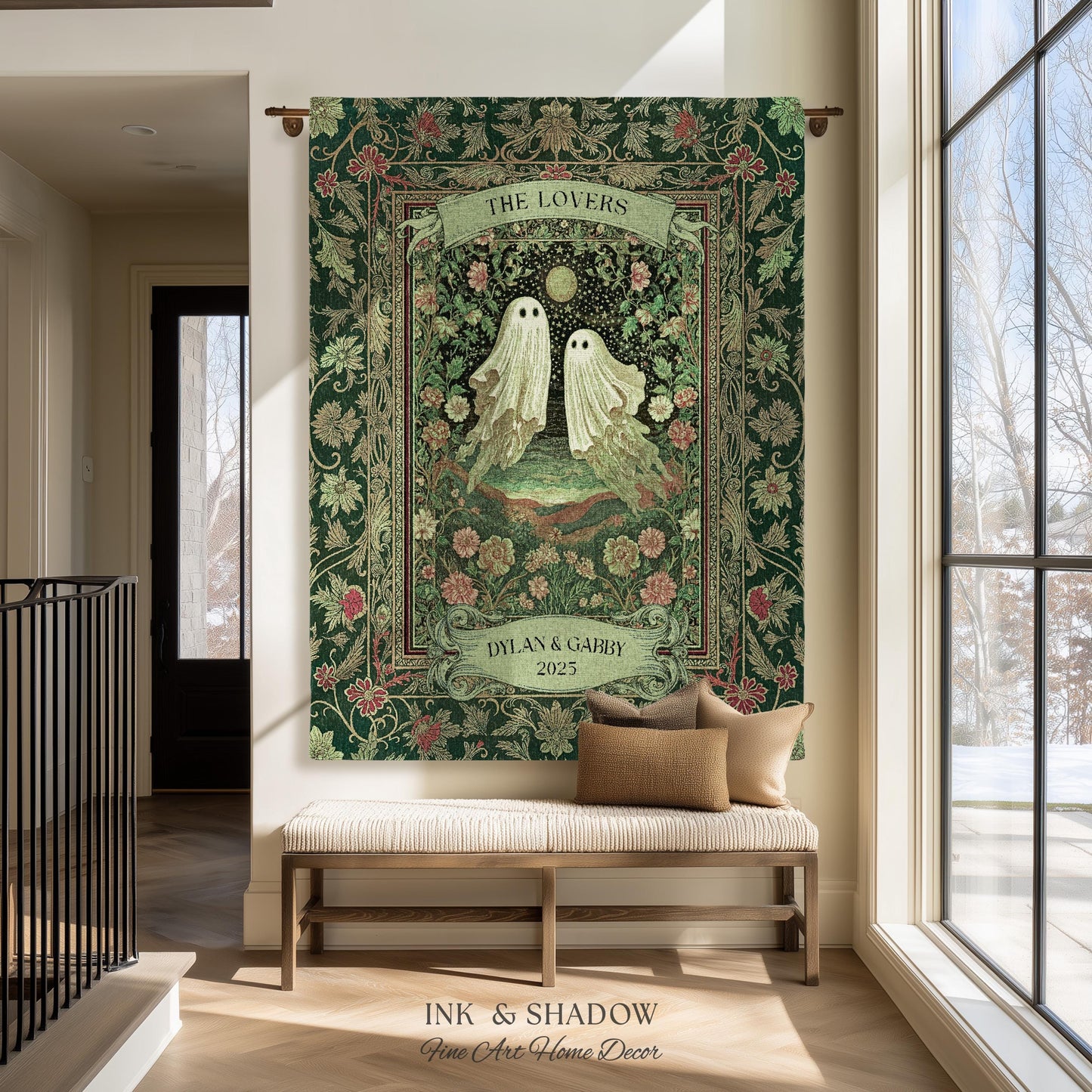 The Lovers Ghost Couple Floral Folklore Woven Throw Blanket Personalized Anniversary Keepsake, Enchanted Botanical Moonlit Cozy Cute Wedding