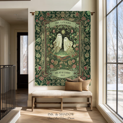 The Lovers Ghost Couple Floral Folklore Woven Throw Blanket Personalized Anniversary Keepsake, Enchanted Botanical Moonlit Cozy Cute Wedding