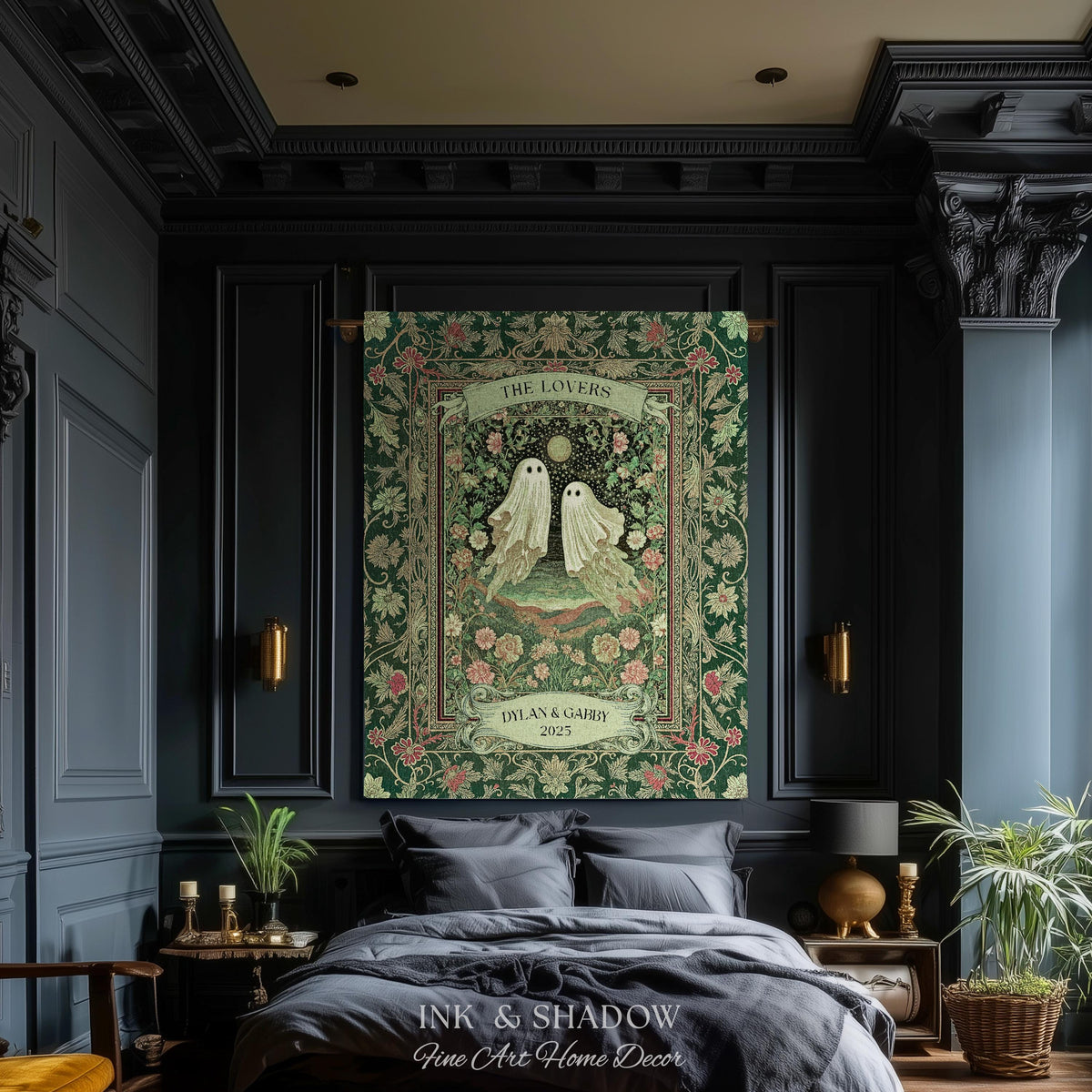 The Lovers Ghost Couple Floral Folklore Woven Throw Blanket Personalized Anniversary Keepsake, Enchanted Botanical Moonlit Cozy Cute Wedding