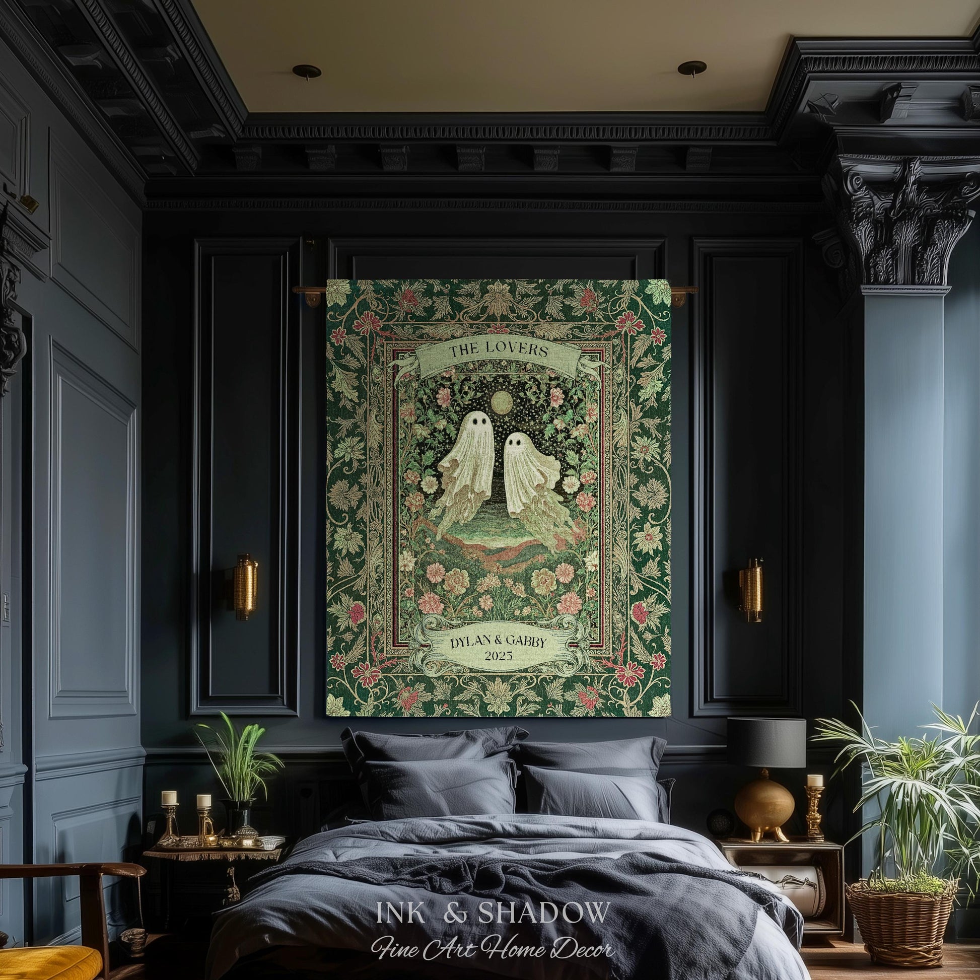 The Lovers Ghost Couple Floral Folklore Woven Throw Blanket Personalized Anniversary Keepsake, Enchanted Botanical Moonlit Cozy Cute Wedding