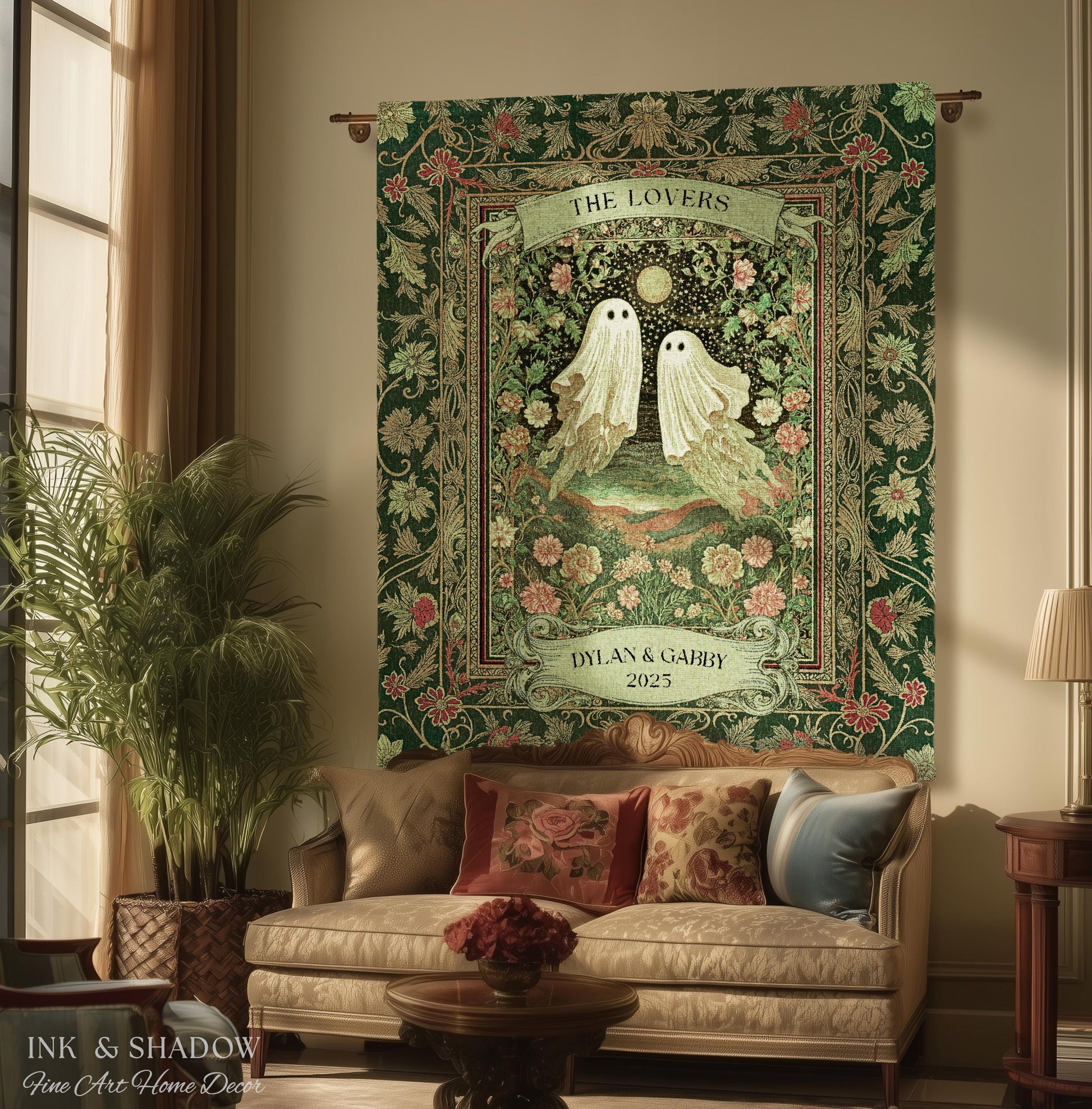 The Lovers Ghost Couple Floral Folklore Woven Throw Blanket Personalized Anniversary Keepsake, Enchanted Botanical Moonlit Cozy Cute Wedding