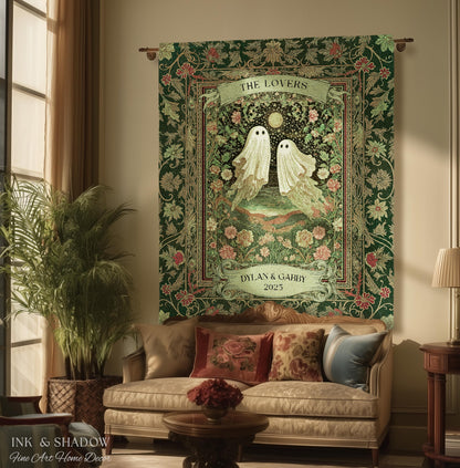 The Lovers Ghost Couple Floral Folklore Woven Throw Blanket Personalized Anniversary Keepsake, Enchanted Botanical Moonlit Cozy Cute Wedding