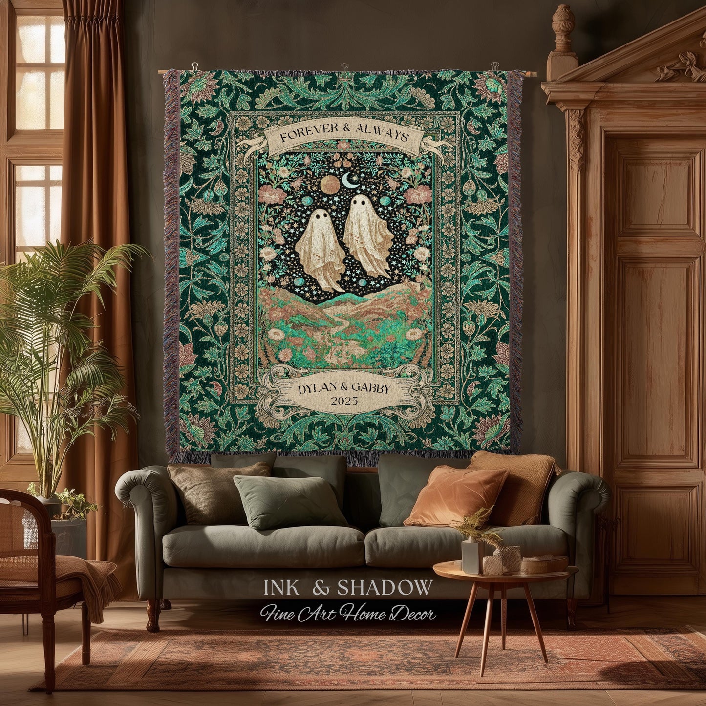 Celestial Ghost Lovers Woven Throw Personalized Couple Tapestry Forever & Always Starlit Courtship Teal Dreamscape Anniversary Heirloom Gift