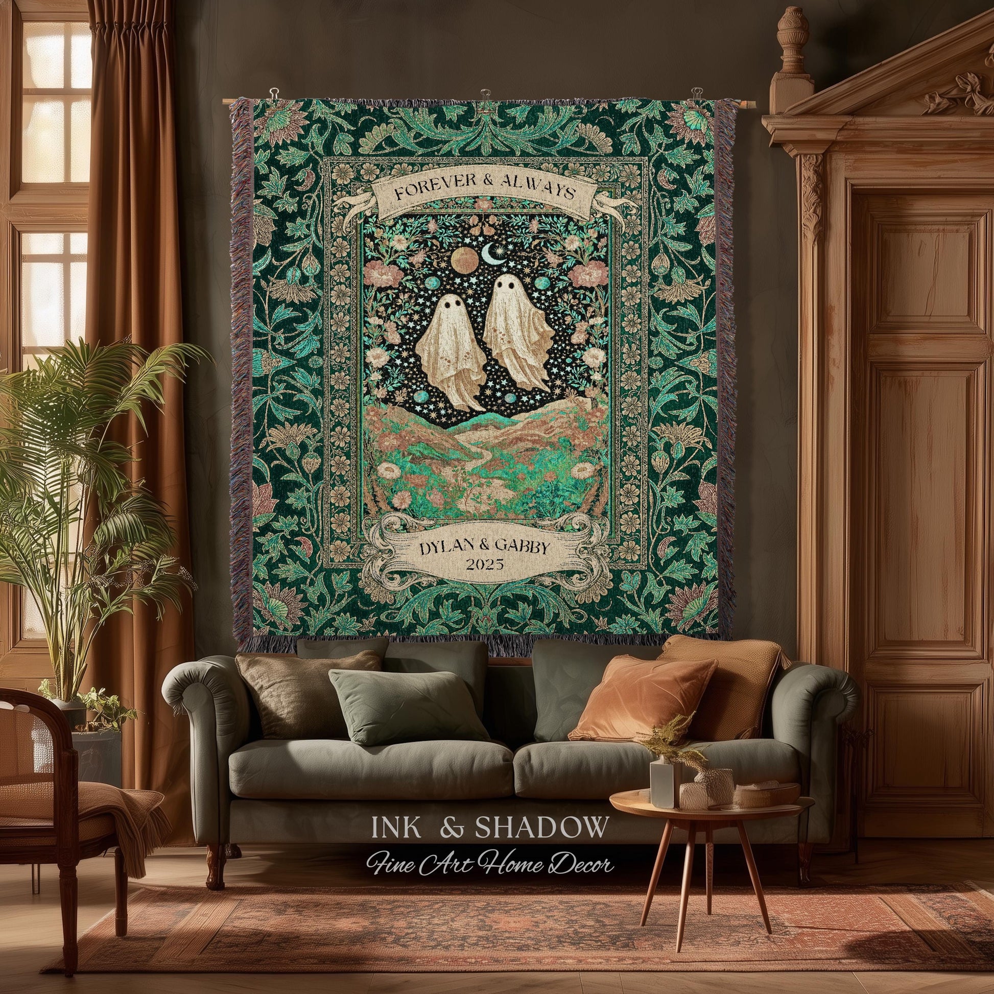 Celestial Ghost Lovers Woven Throw Personalized Couple Tapestry Forever & Always Starlit Courtship Teal Dreamscape Anniversary Heirloom Gift