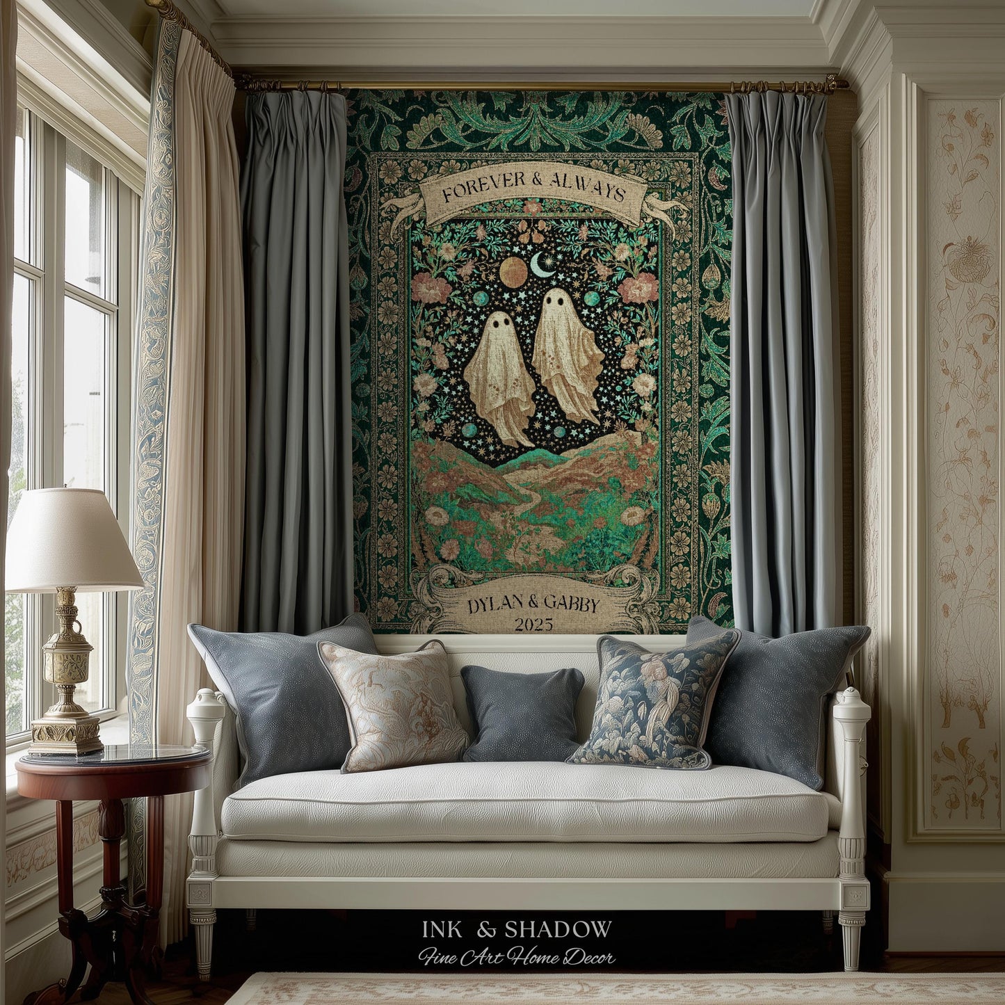 Celestial Ghost Lovers Woven Throw Personalized Couple Tapestry Forever & Always Starlit Courtship Teal Dreamscape Anniversary Heirloom Gift