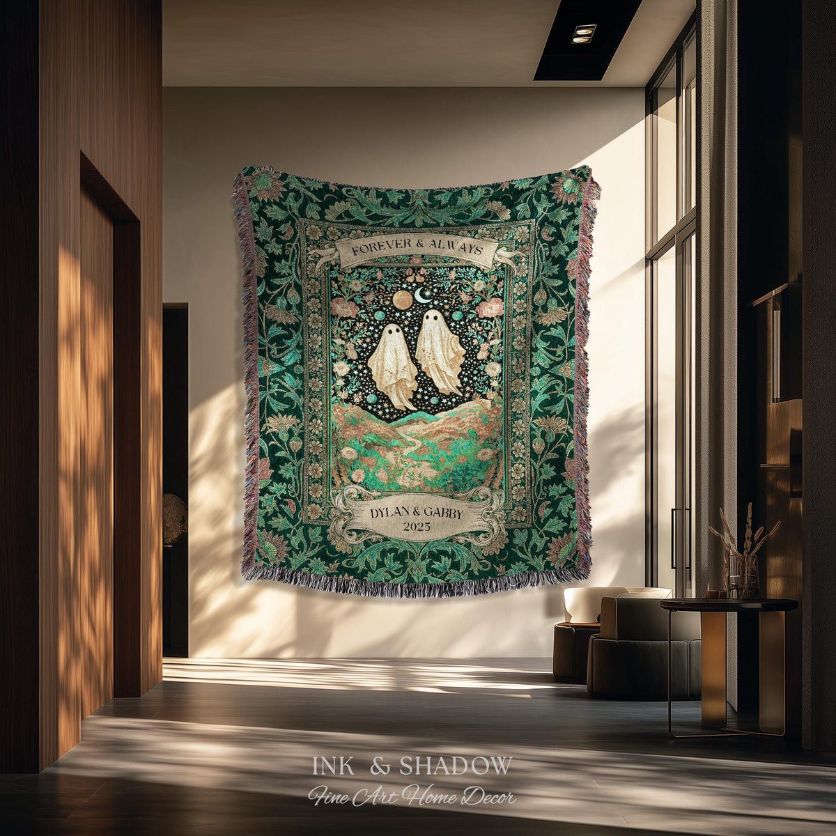 Celestial Ghost Lovers Woven Throw Personalized Couple Tapestry Forever & Always Starlit Courtship Teal Dreamscape Anniversary Heirloom Gift