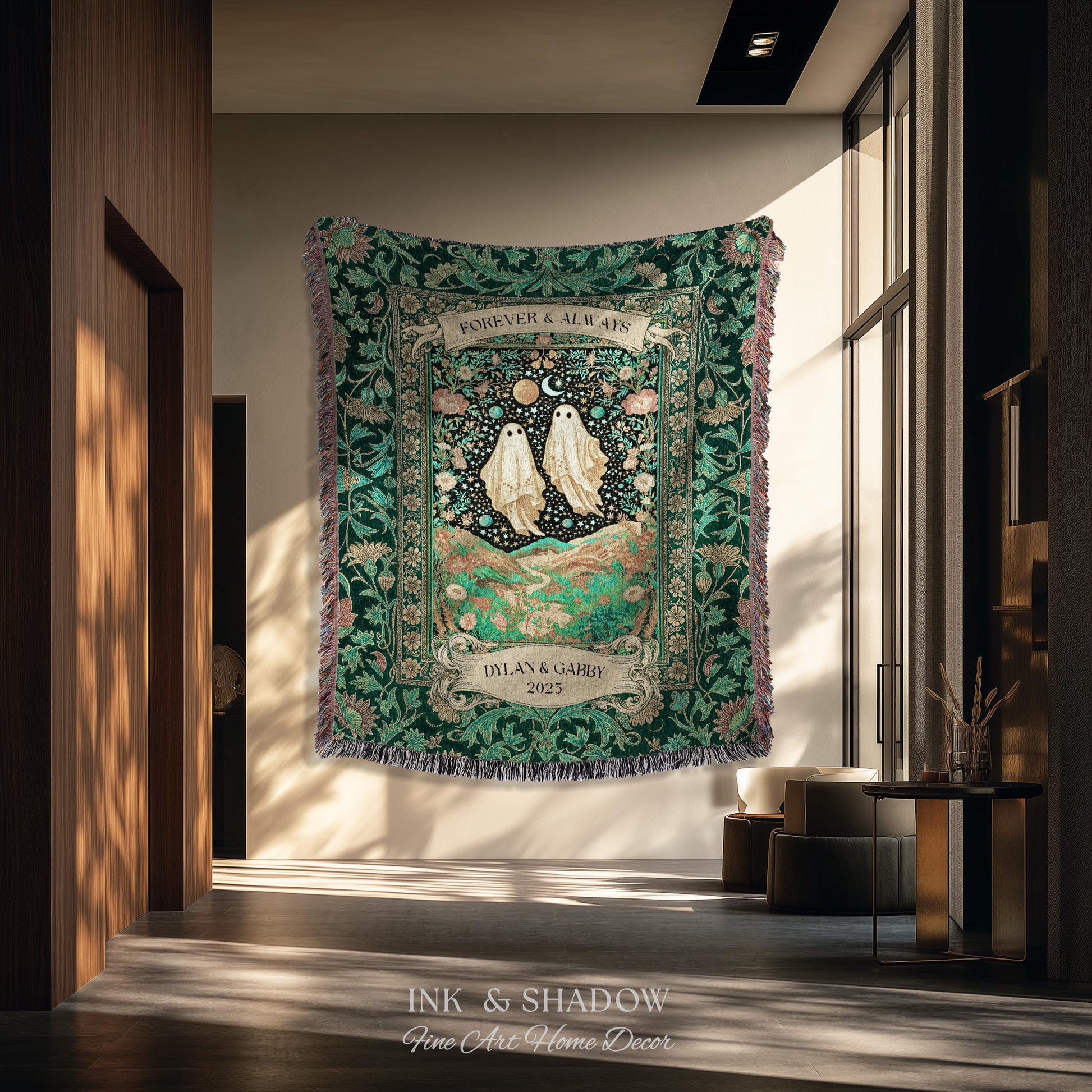 Celestial Ghost Lovers Woven Throw Personalized Couple Tapestry Forever & Always Starlit Courtship Teal Dreamscape Anniversary Heirloom Gift