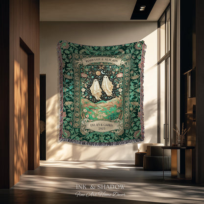 Celestial Ghost Lovers Woven Throw Personalized Couple Tapestry Forever & Always Starlit Courtship Teal Dreamscape Anniversary Heirloom Gift