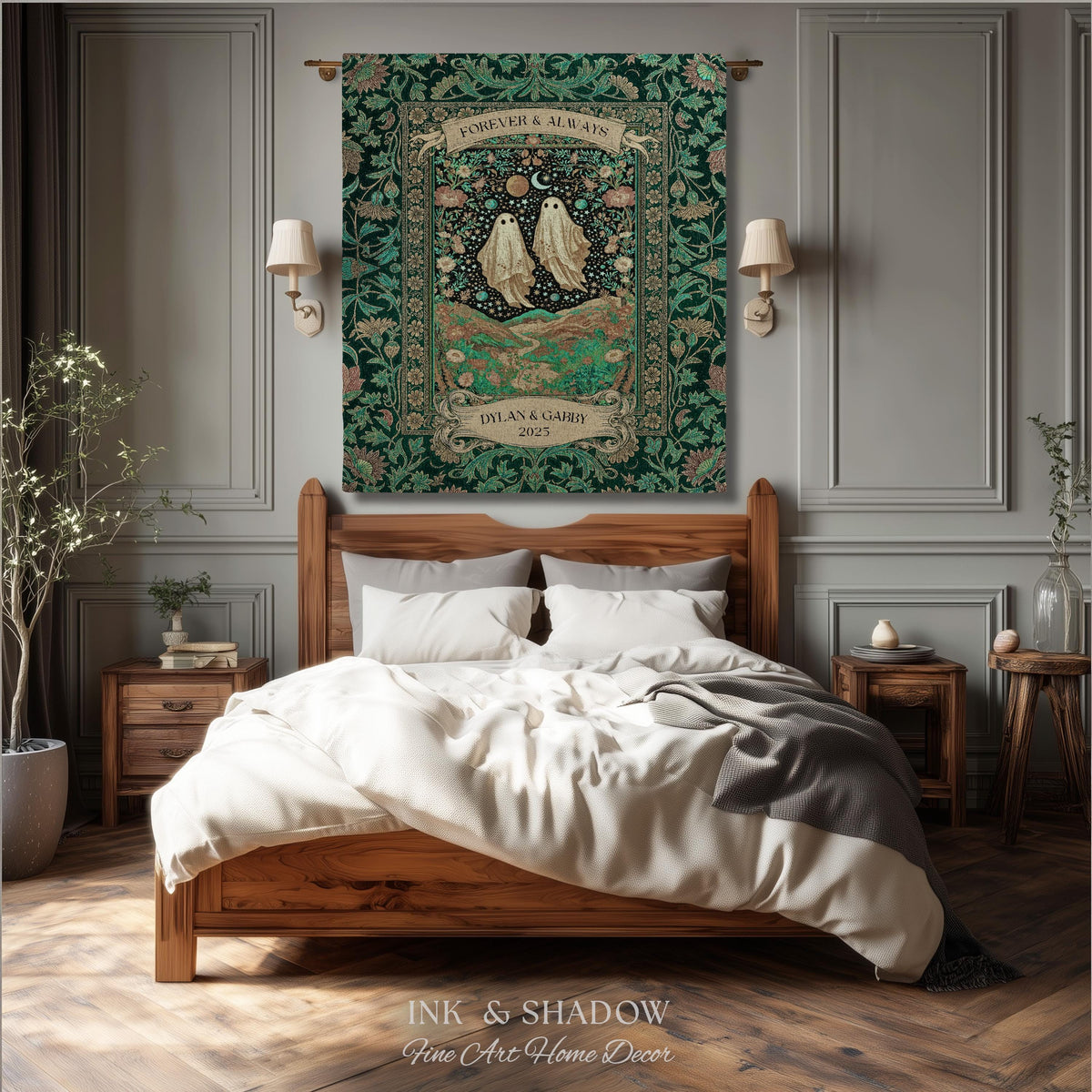 Celestial Ghost Lovers Woven Throw Personalized Couple Tapestry Forever & Always Starlit Courtship Teal Dreamscape Anniversary Heirloom Gift