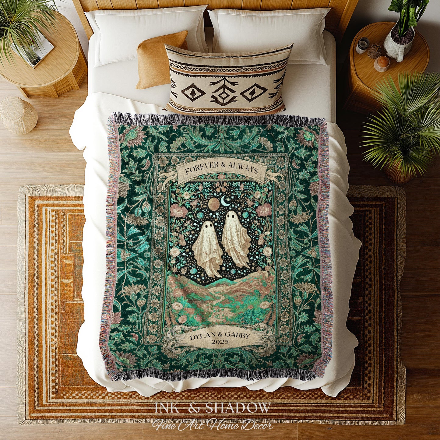 Celestial Ghost Lovers Woven Throw Personalized Couple Tapestry Forever & Always Starlit Courtship Teal Dreamscape Anniversary Heirloom Gift