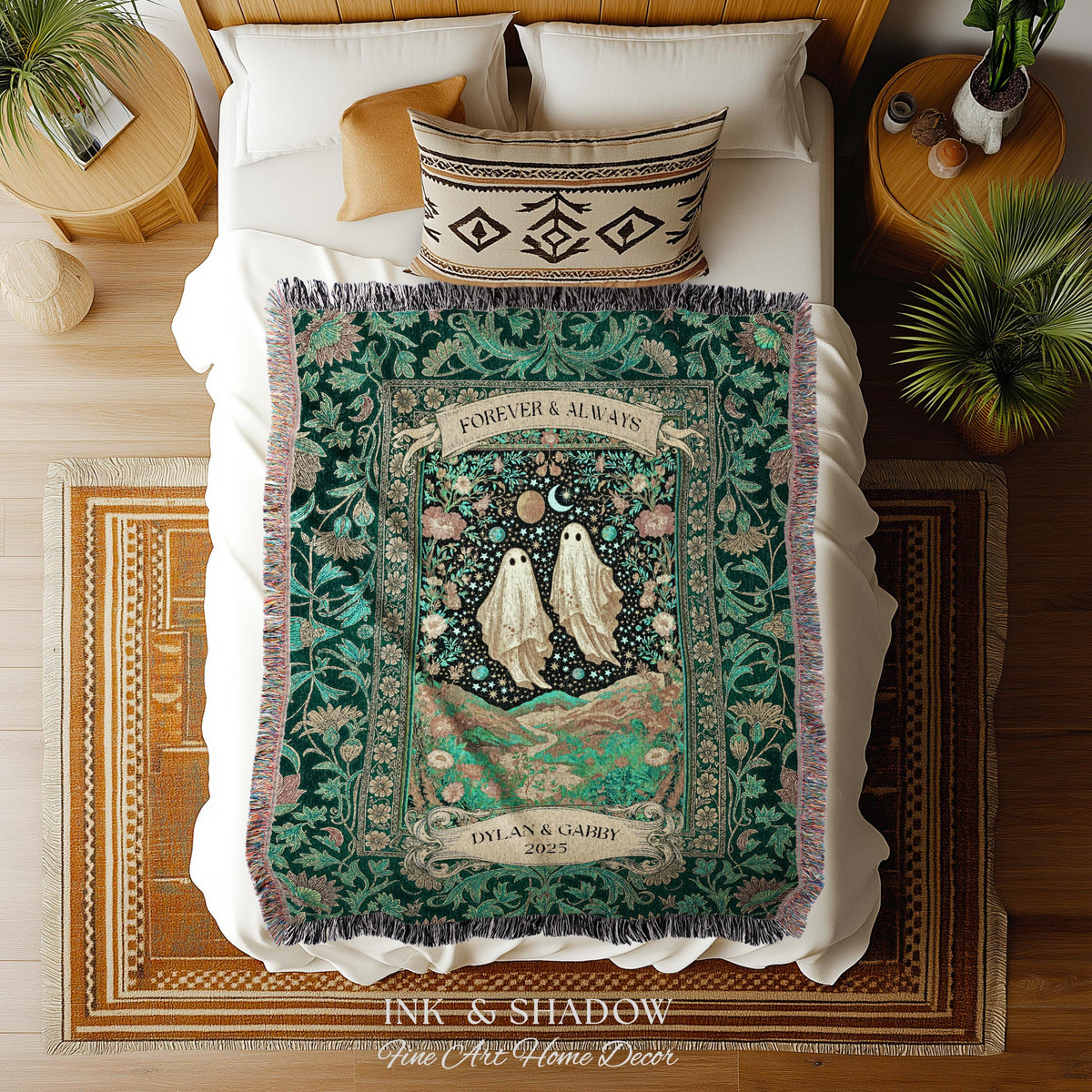 Celestial Ghost Lovers Woven Throw Personalized Couple Tapestry Forever & Always Starlit Courtship Teal Dreamscape Anniversary Heirloom Gift