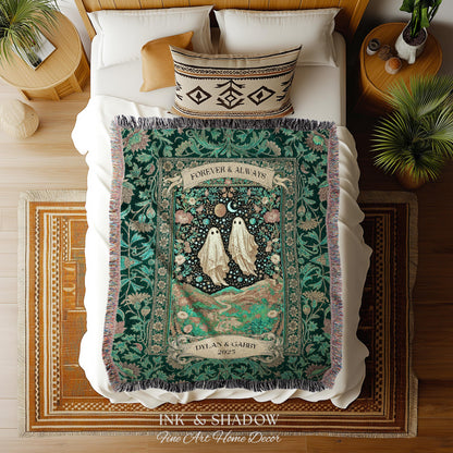 Celestial Ghost Lovers Woven Throw Personalized Couple Tapestry Forever & Always Starlit Courtship Teal Dreamscape Anniversary Heirloom Gift