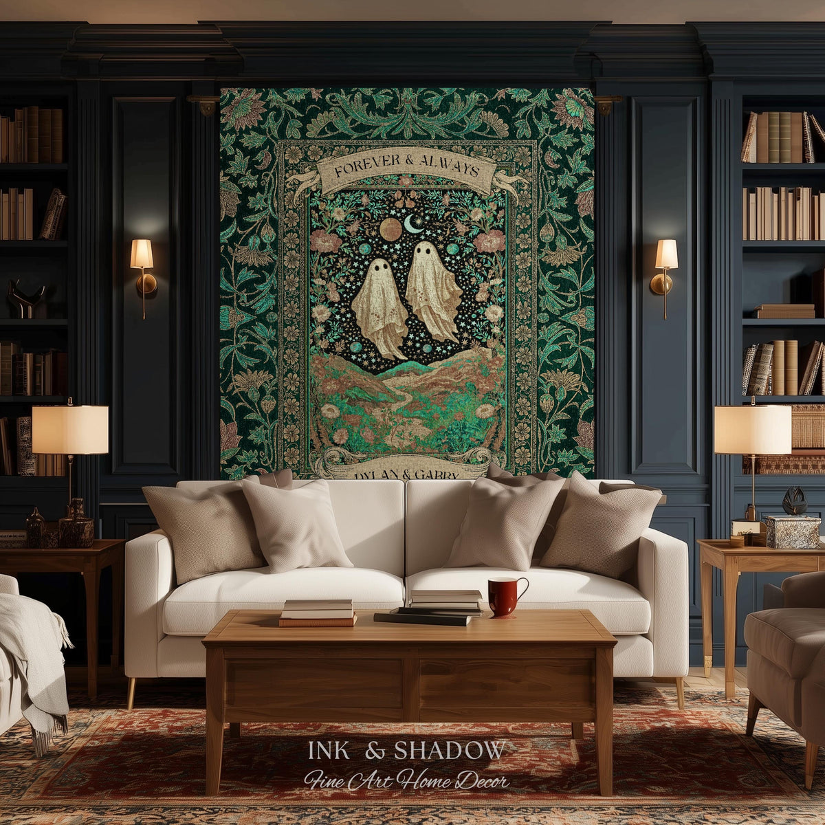 Celestial Ghost Lovers Woven Throw Personalized Couple Tapestry Forever & Always Starlit Courtship Teal Dreamscape Anniversary Heirloom Gift